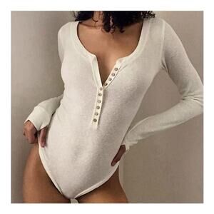 Free People Intimately Women's White Dylan Thermal Henley Bodysuit Size L